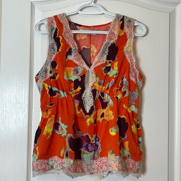 Rebecca Minkoff Lace Trimmed Sleeveless Blouse Top Orange Medium - Picture 1 of 11
